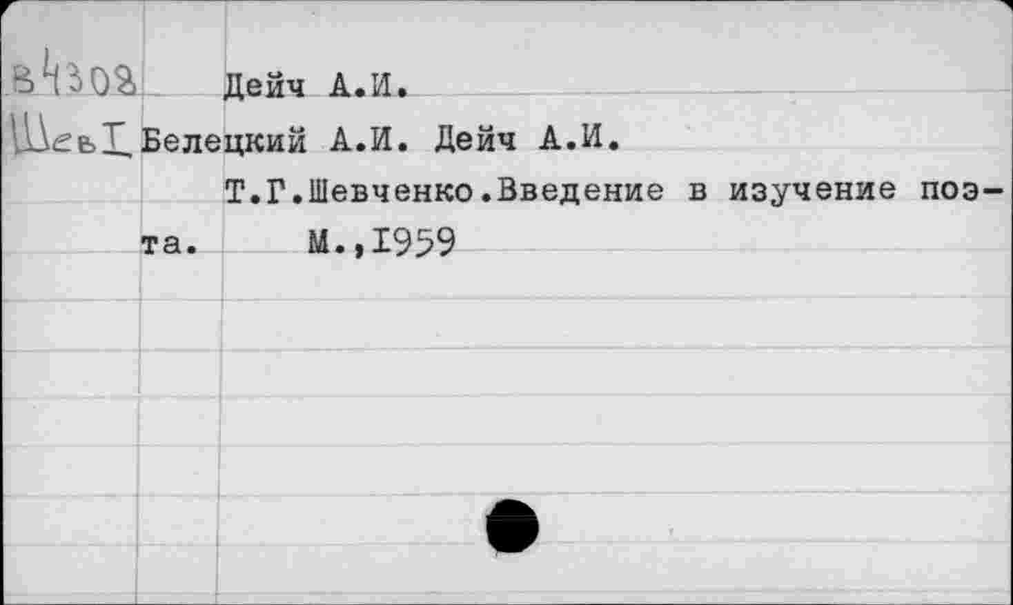 ﻿Дейч А.И.
Белецкий А.И. Дейч А.И.
Т.Г.Шевченко.Введение в изучение поэ-
та. М.,1959